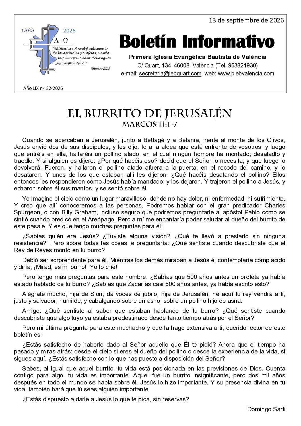 Portada del boletín del 13 de septiembre de 2026
